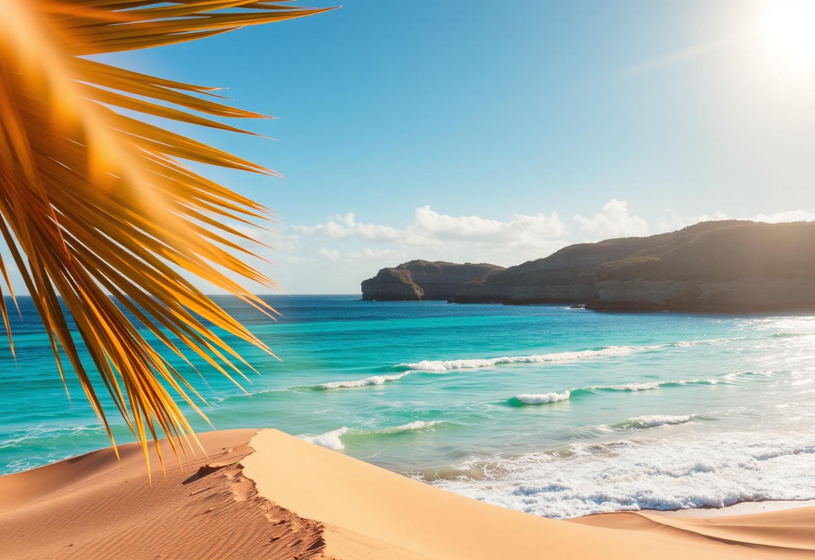 Sunlit coastline with turquoise ocean, warm sand and palm leaves