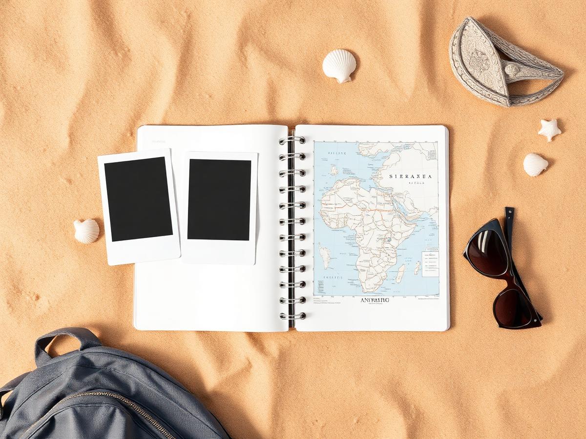Travel scrapbook flat lay with empty photo frames, a map and seashells on warm sand